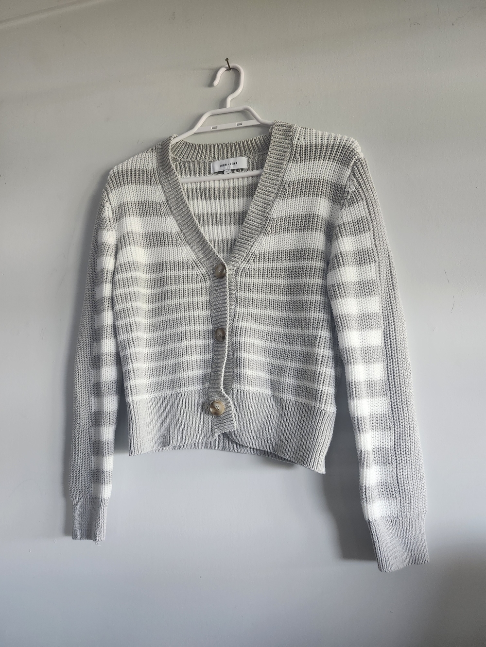 John + Jenn Grey & White Striped Cardigan | Cropped Knit Sweater | Small | Cozy